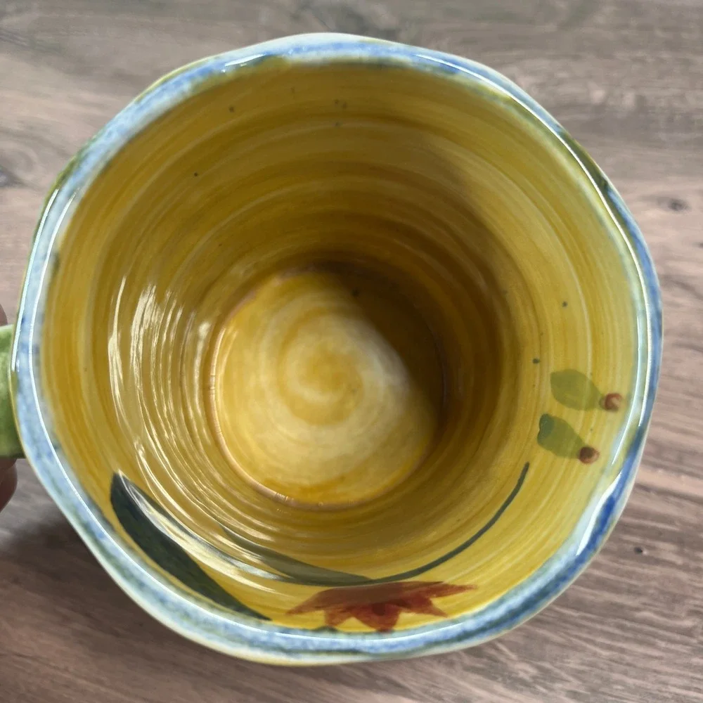 Pier 1 Elizabeth 16oz Coffee Tea‎ Mug Green Yellow Handpainted Floral Stoneware